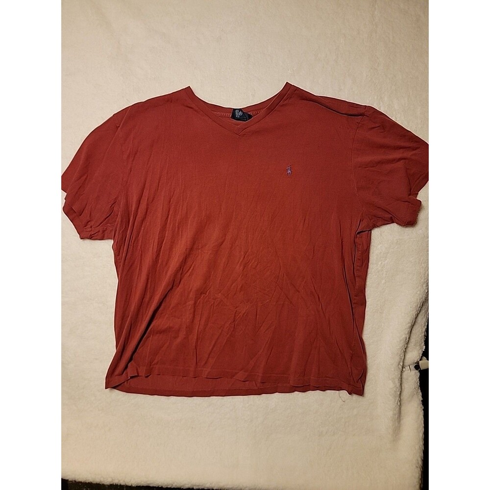 POLO RALPH LAUREN Men's Short Sleeve Solid RED V-Neck T-Shirt Blue Logo XXL